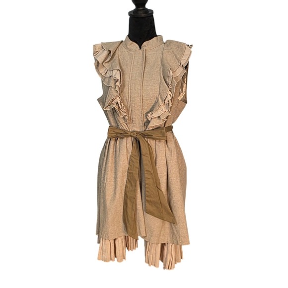 Ryu Dresses & Skirts - RYU Dress Large Beige Linen Cotton Ruffle Pleated Hem Sash Boho Cottagecore